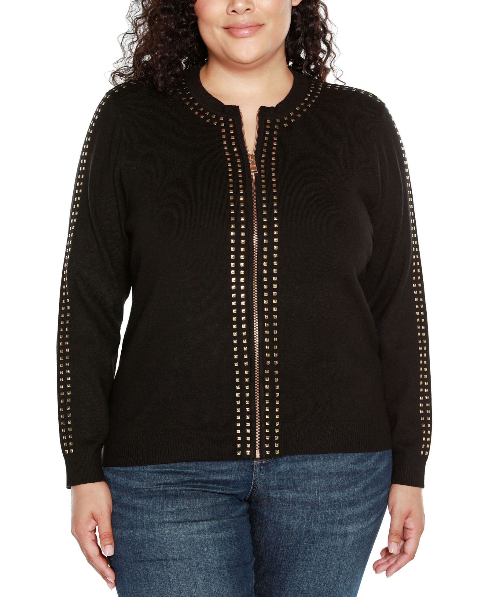 Belldini Black Label Plus Size Crewneck Embellished Zip Cardigan Sweater