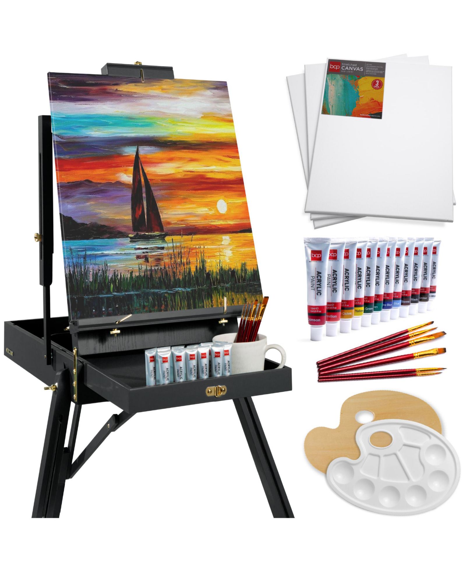 Best Choice Products French Easel, 32pc Beginners Kit Portable Wooden Adjustable Tripod  w/ Paint Supplies