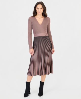 Robbie Bee Women's Pleated-Skirt Long-Sleeve Dress