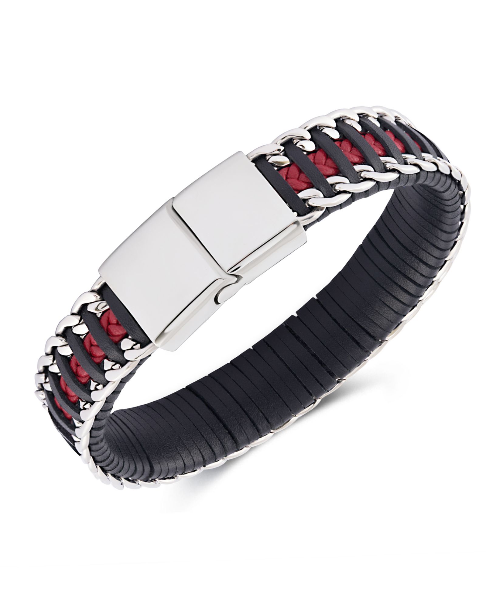 Rhona Sutton Black Red Leather with Chain Stainless Steel Bracelet