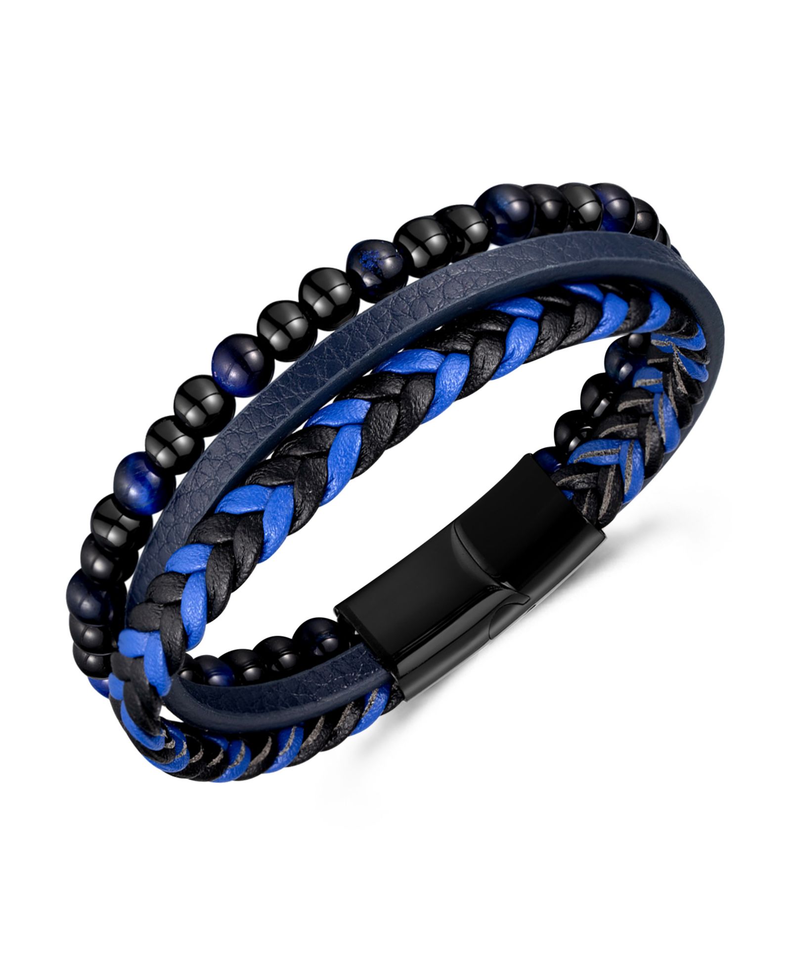Rhona Sutton Blue Tigers Eye Weaved Leather Stainless Steel Bracelet