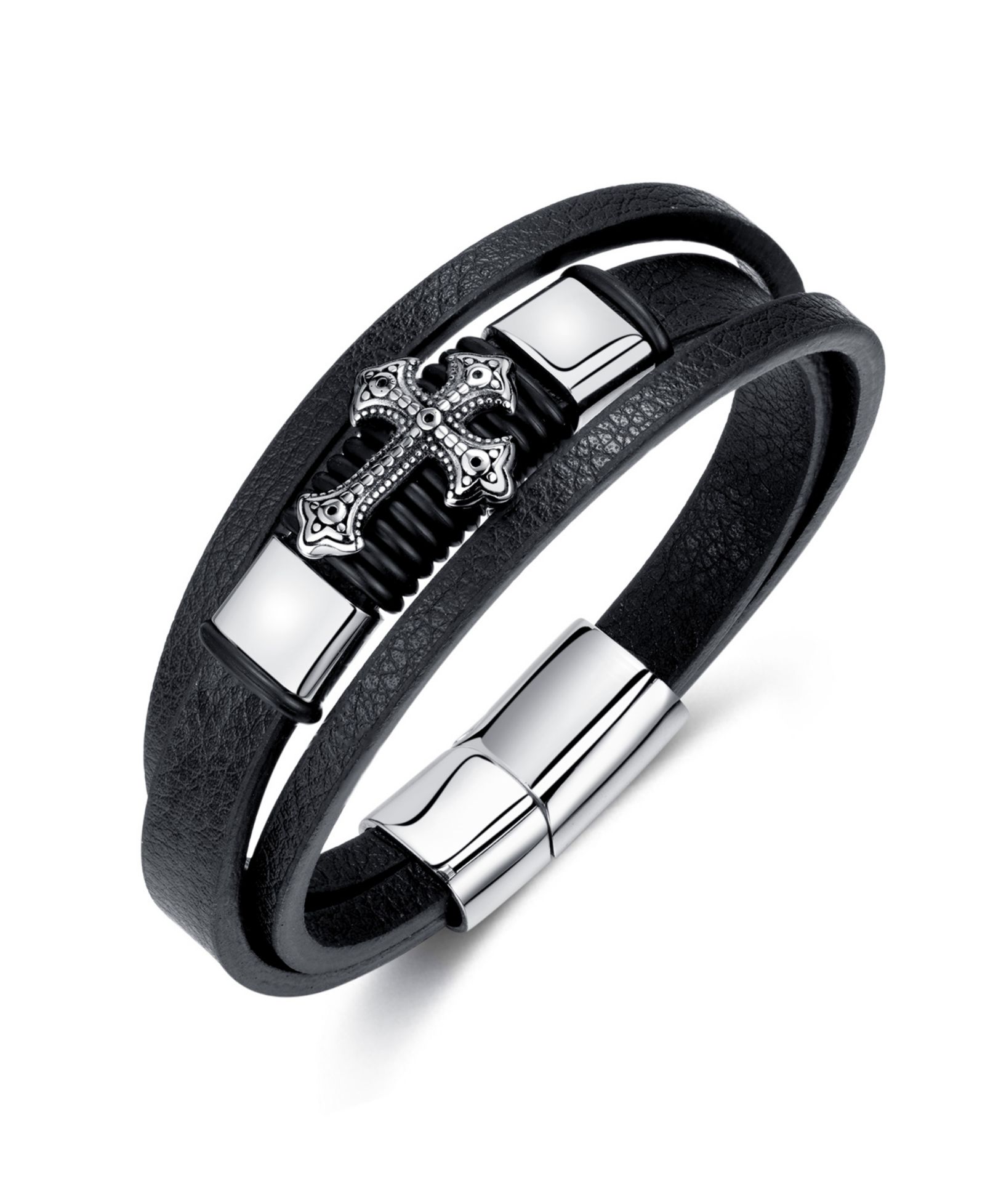 Браслет Rhona Sutton Cross Black Leather Stainless Steel