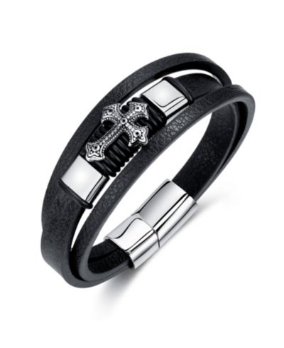 Браслет Rhona Sutton Cross Black Leather Stainless Steel