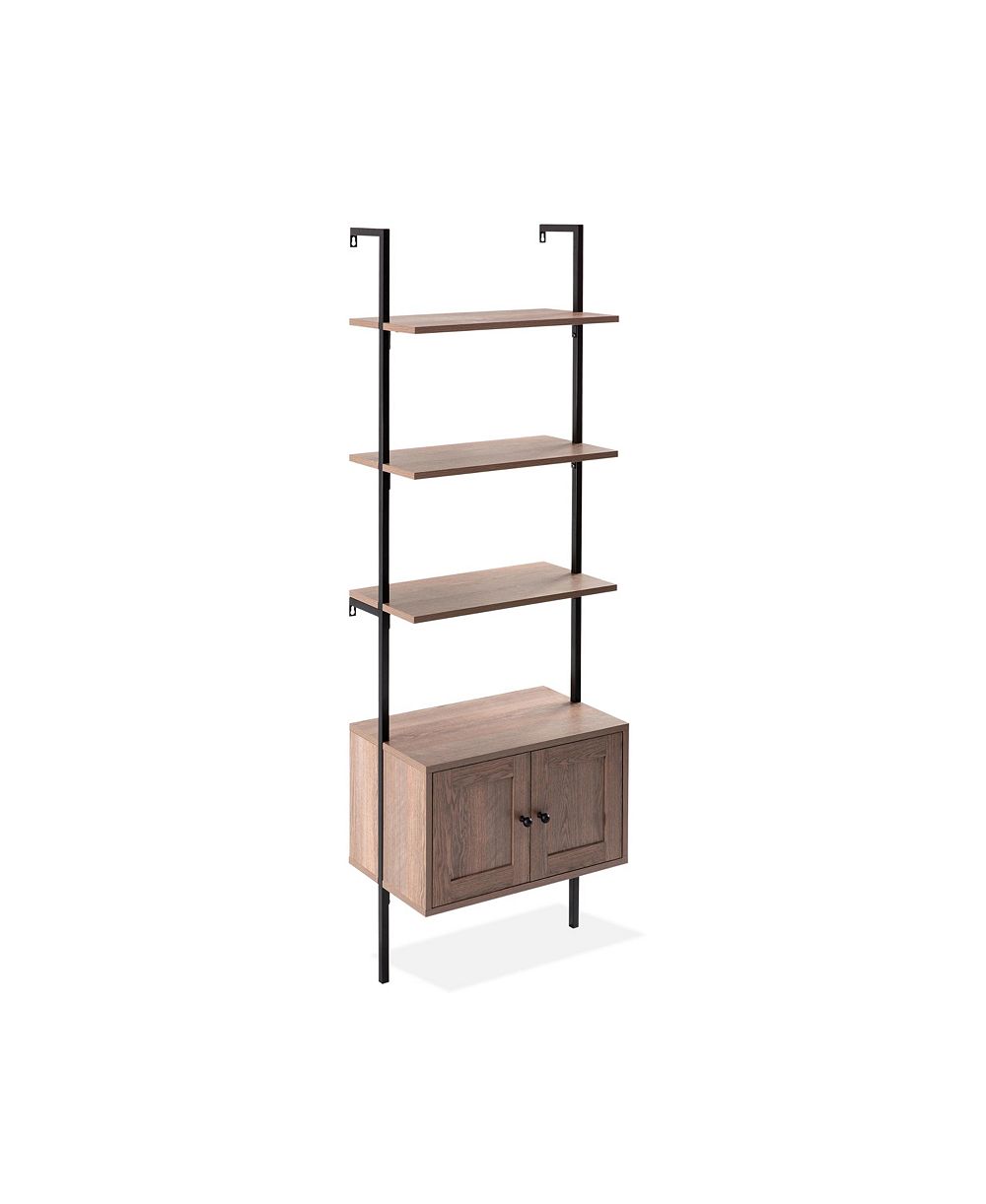 Industrial 4-Shelf Wood Wall-Mounted Open Ladder Bookcase, Cabinet, Metal Frame