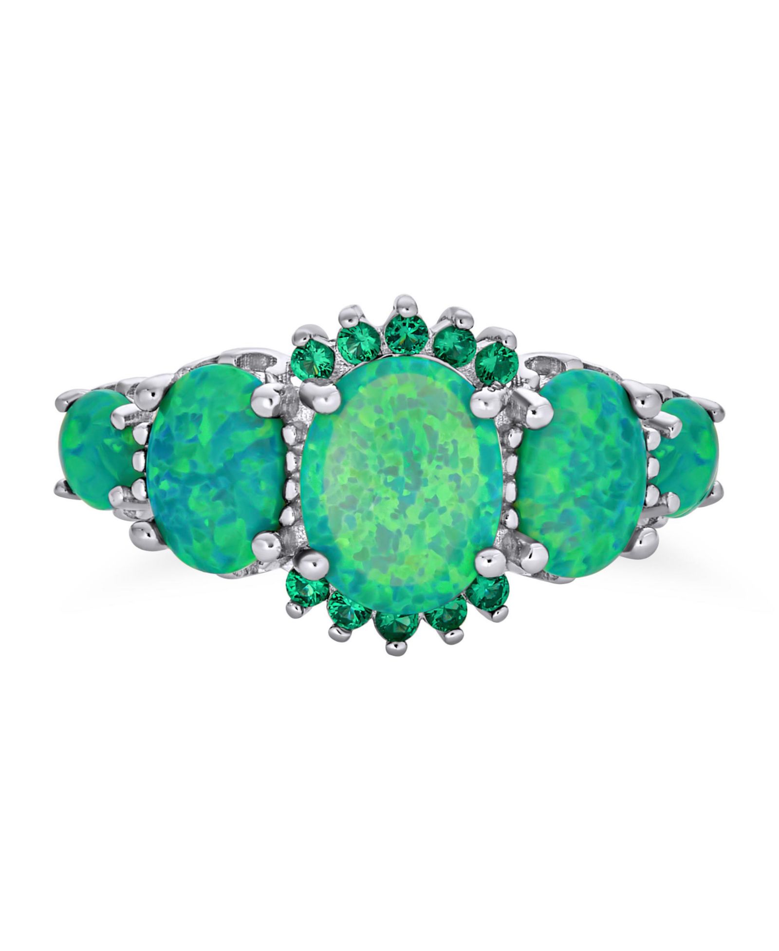 Bling Jewelry Elegant Created Green Opal Five Oval Stones Ring Band .925 Sterling Silver