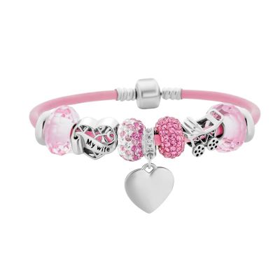 Браслет Bling Jewelry New Mother Charm.925 Sterling Silver Wife Heart Theme Pink Leather 7.5 Inch