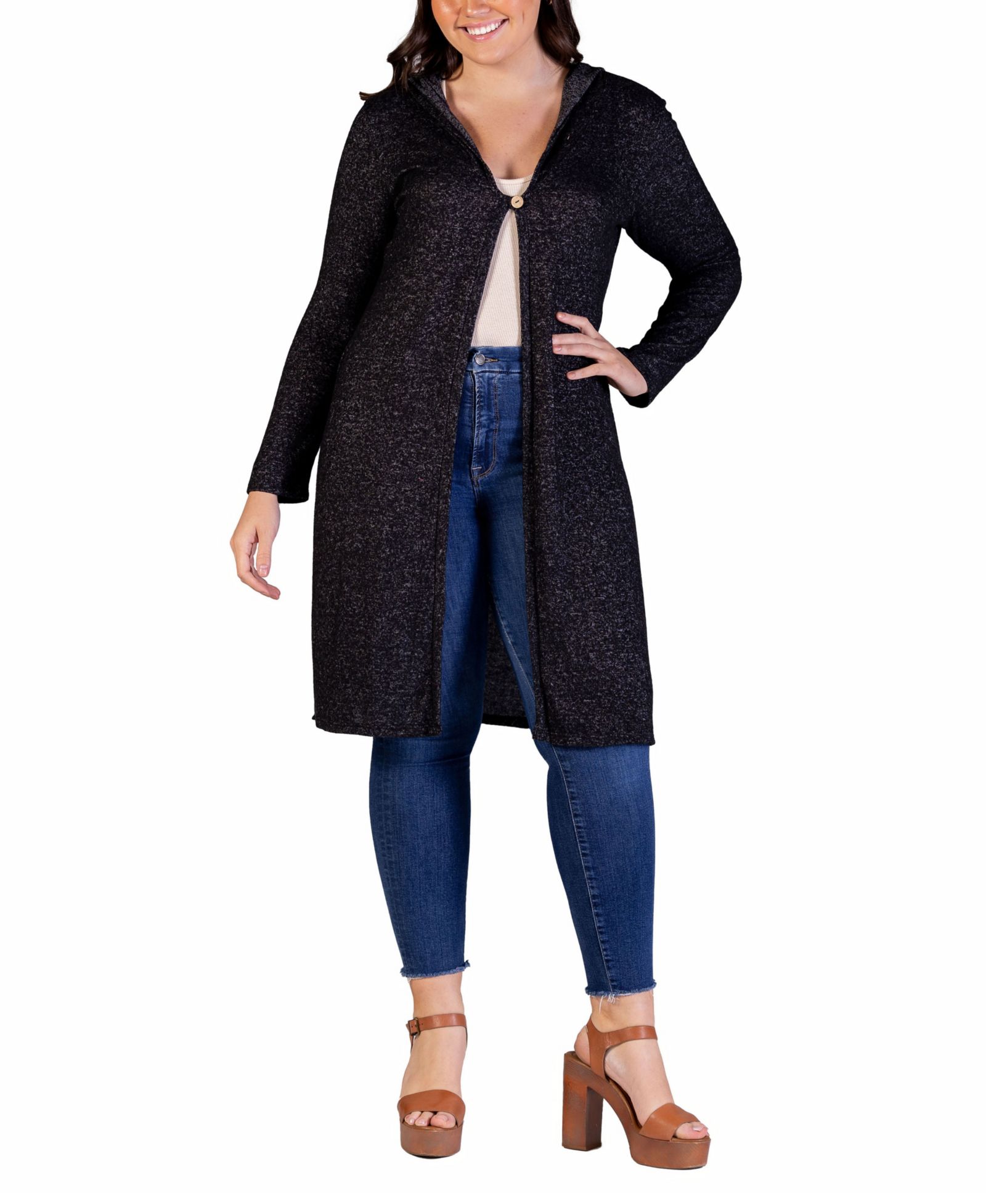 24seven Comfort Apparel Plus Size Knee Length Hooded Cardigan Sweater