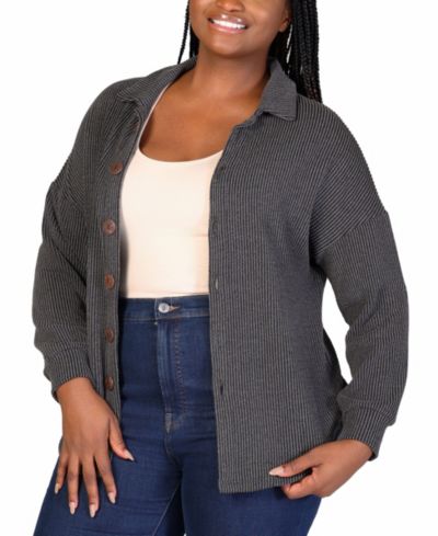 24seven Comfort Apparel Plus Size Rib Button Up Shirt Jacket