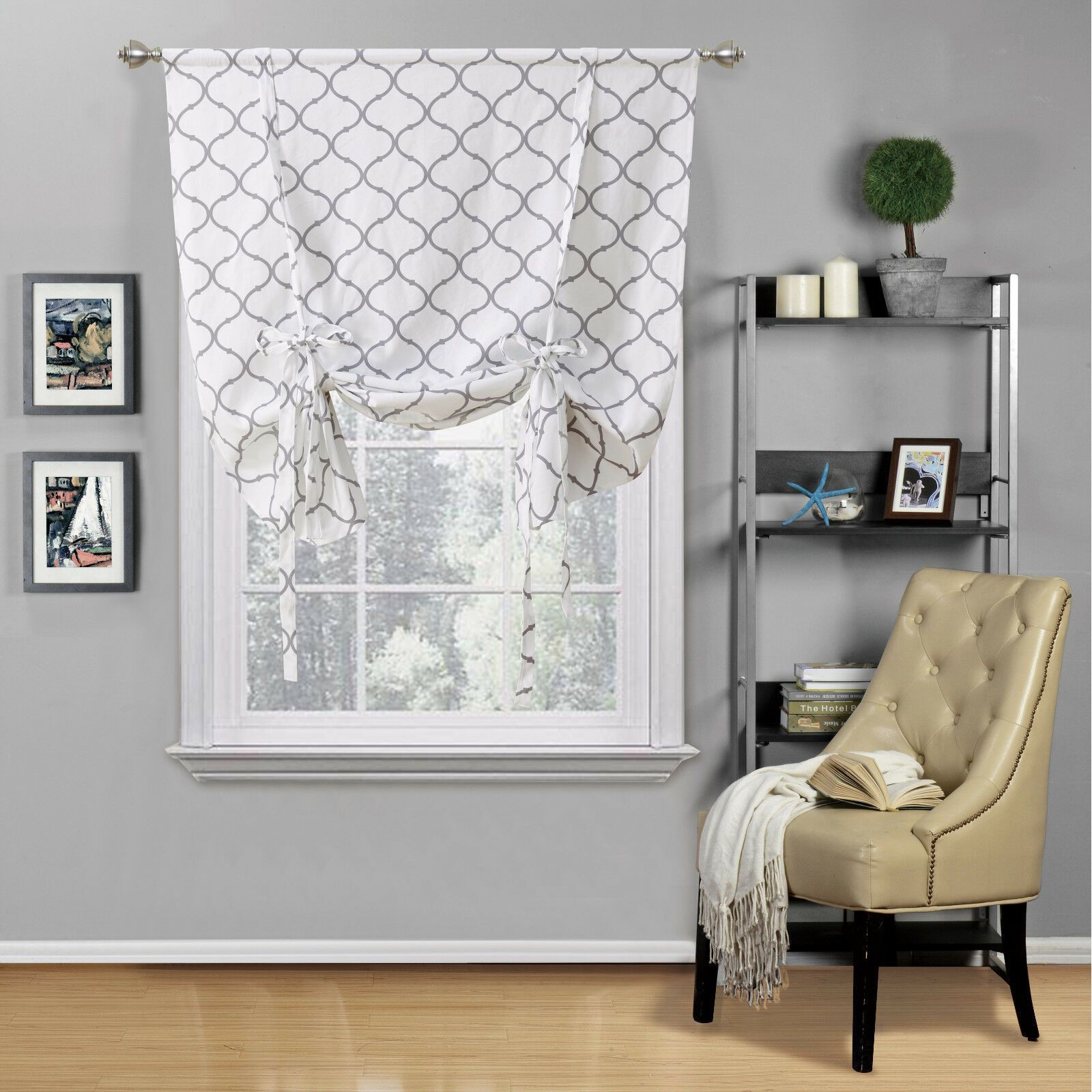 Kate Aurora Living Shabby Chic Trellis Quatrefoil Single Tie Up Window Curtain Shade - 42 in. W x 63 in. L, Navy