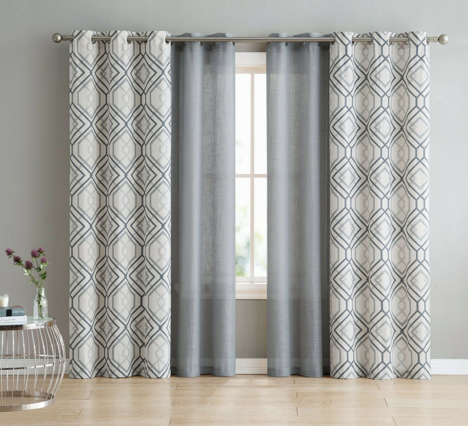 Kate Aurora Coordinating 4 Piece Geometric and Solid Curtain Set - 38 in. W x 96 in. L, Yellow