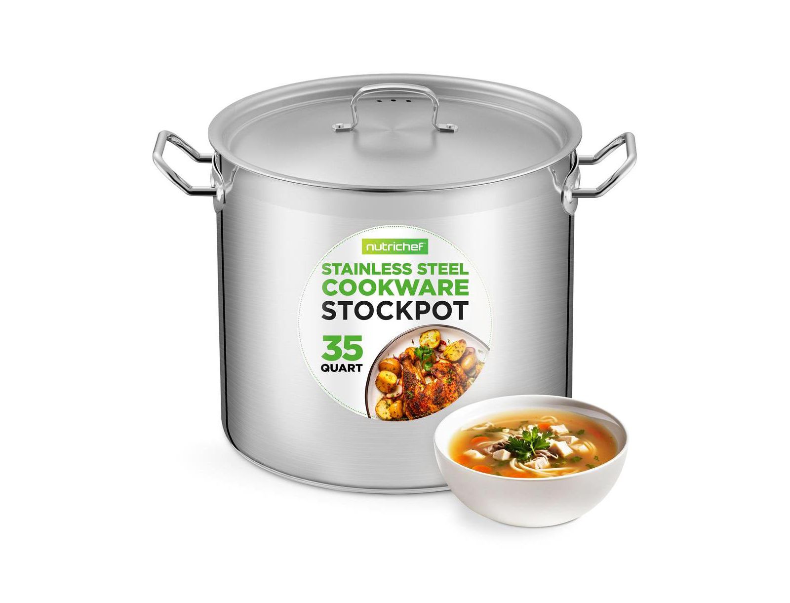 Кастрюля NutriChef Stainless Steel Cookware Stockpot - 35 Quart, Heavy Duty Induction Pot, Soup Pot с крышкой из нержавеющей стали