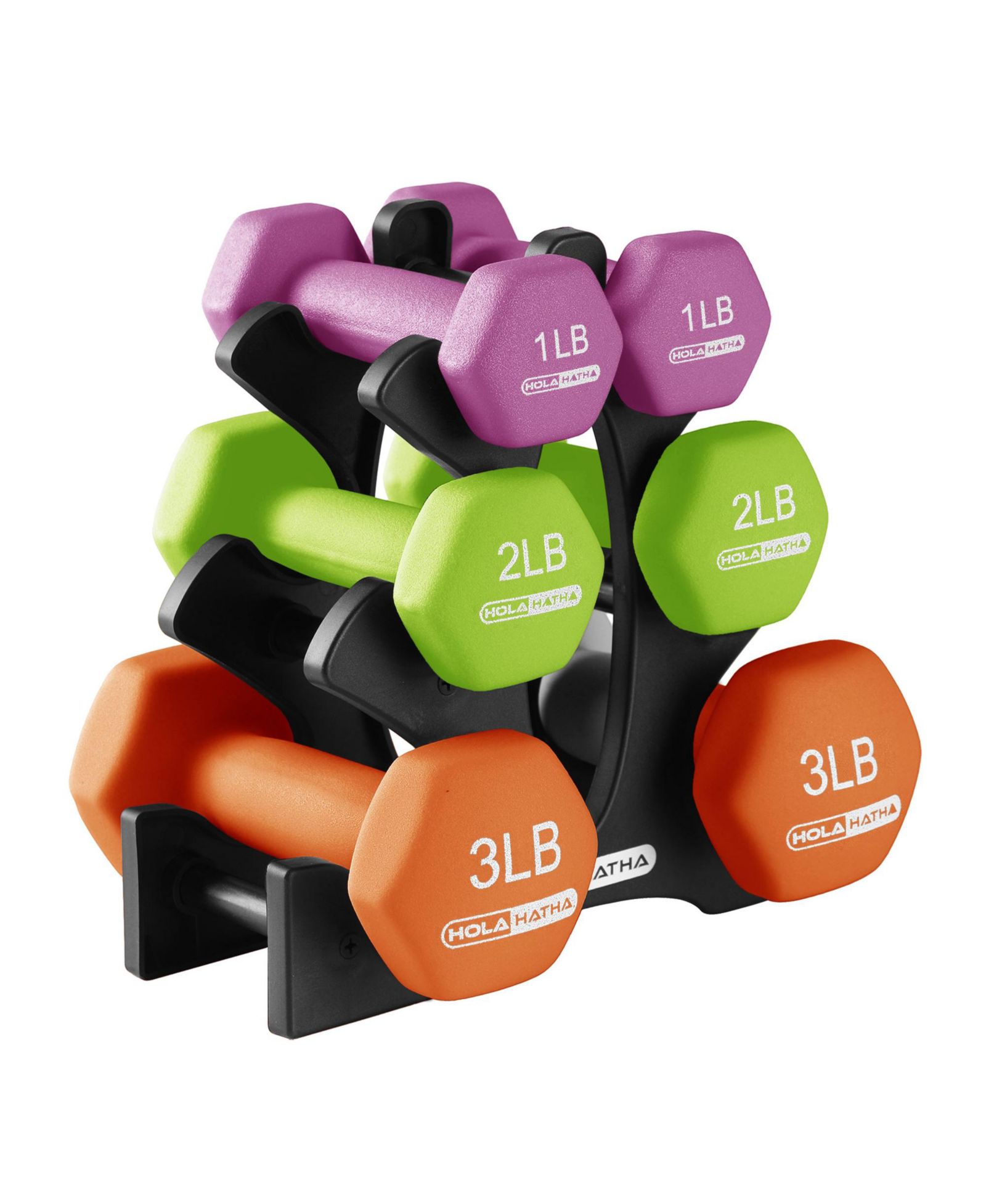 HolaHatha 1, 2 and 3 lb Neoprene Dumbbell Strength Training Weight Set with Rack
