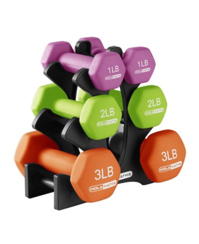 HolaHatha 1, 2 and 3 lb Neoprene Dumbbell Strength Training Weight Set with Rack
