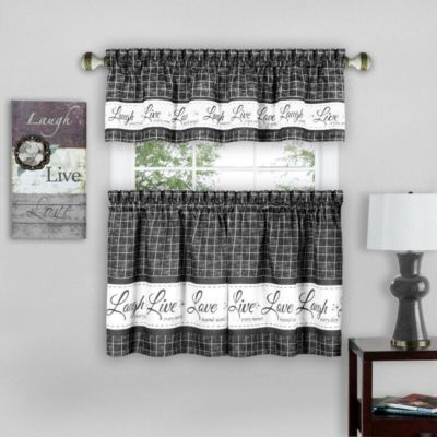 Kate Aurora Country Farmhouse Plaid Live laugh love 3 Piece Kitchen Curtain Set