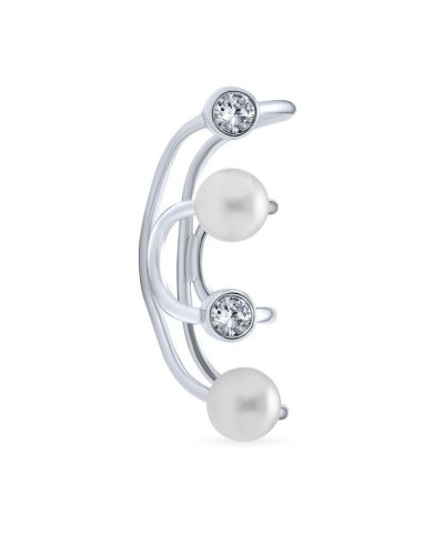 Bling Jewelry Chic White Faux Pearl Cartilage Climber CZ Ear Cuff Earring Sterling Silver