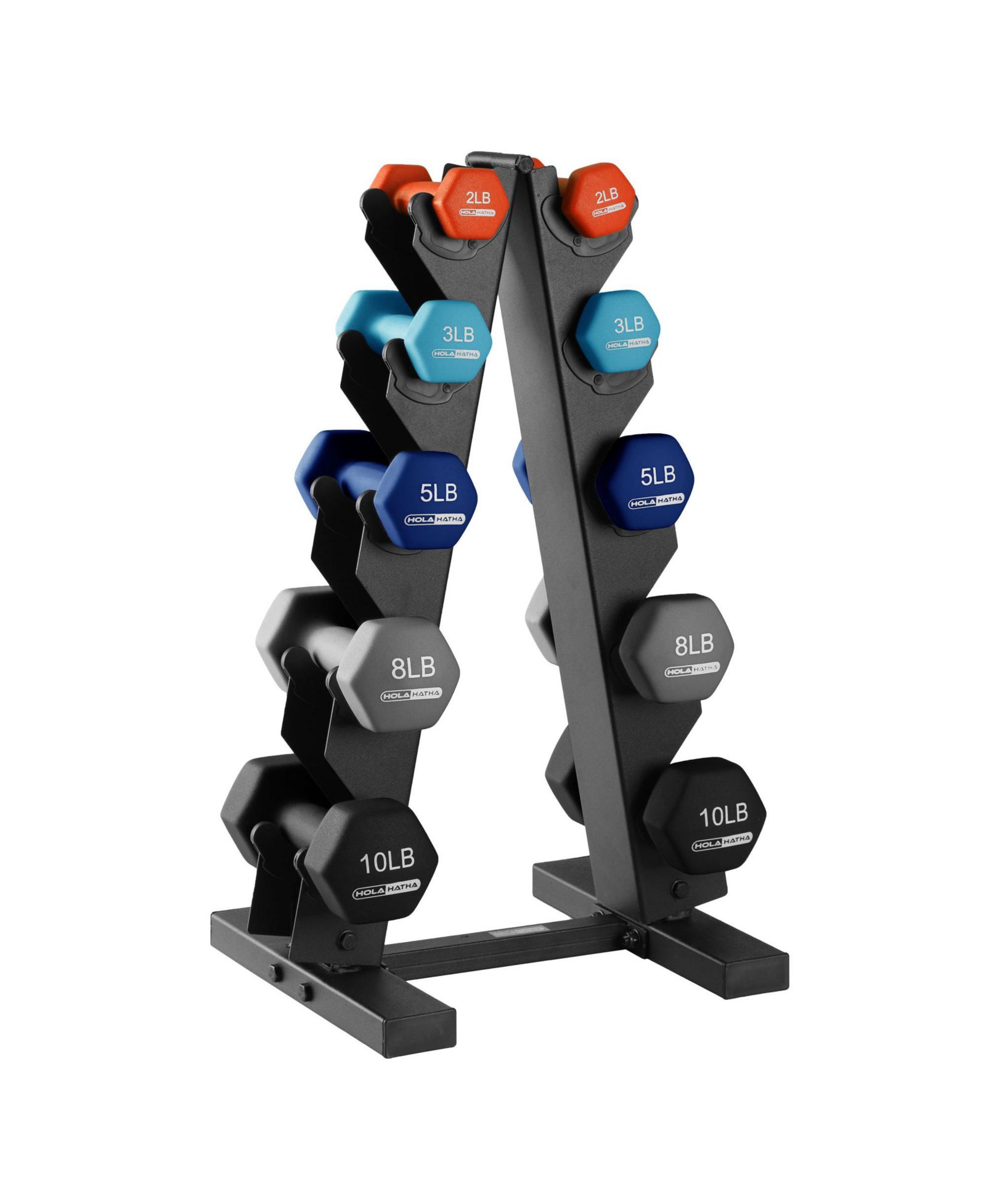 HolaHatha 2, 3, 5, 8 and 10 Pound Neoprene Dumbbell Weight Set with Storage Rack