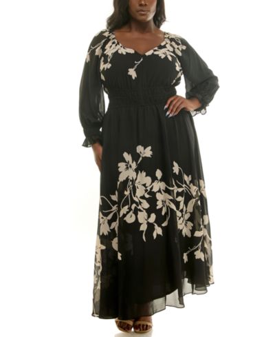 Taylor Plus Size Floral-Print Elastic-Waist Chiffon Maxi Dress
