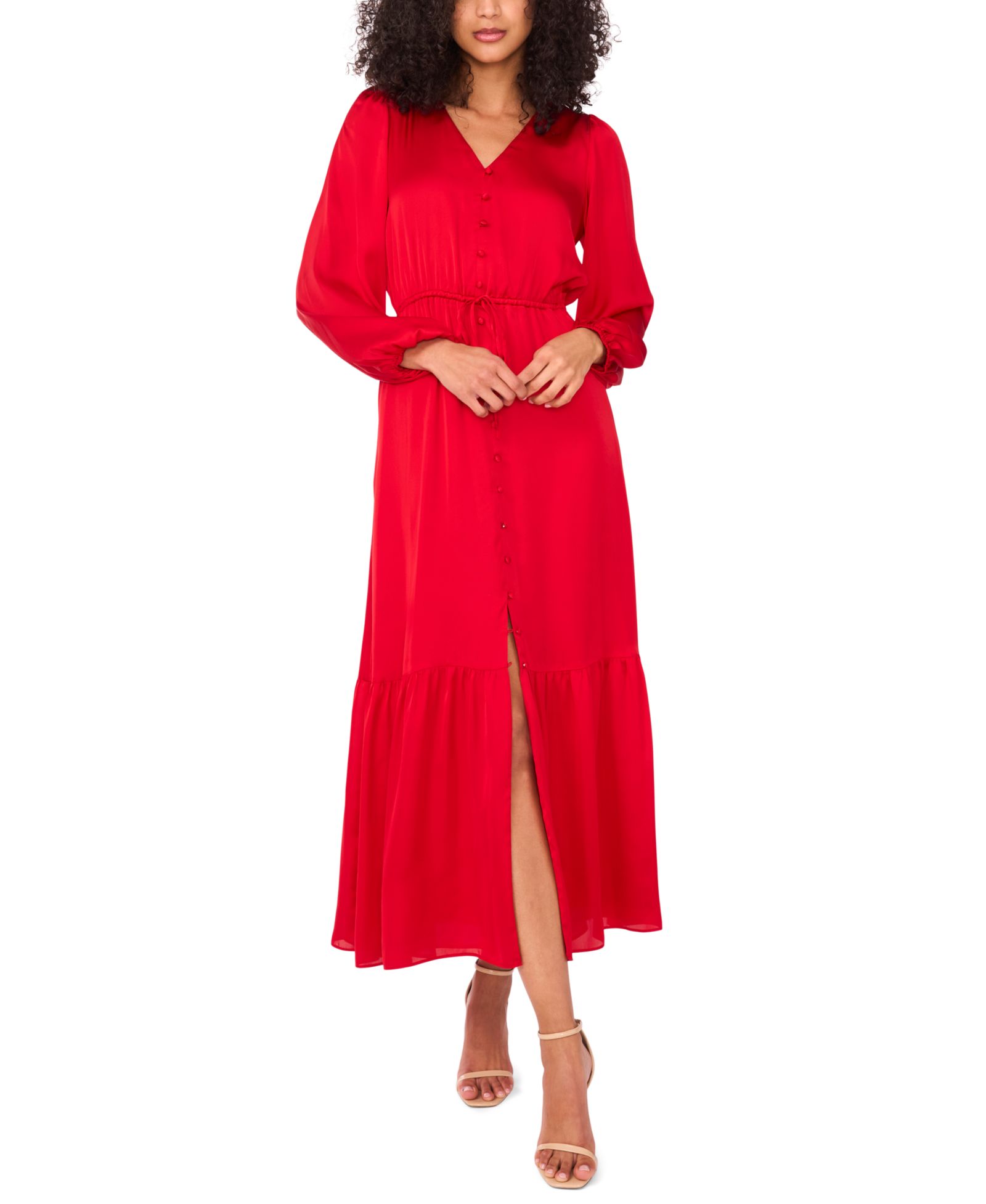 1.STATE Women's Drawstring-Waist Button-Front Maxi Dress