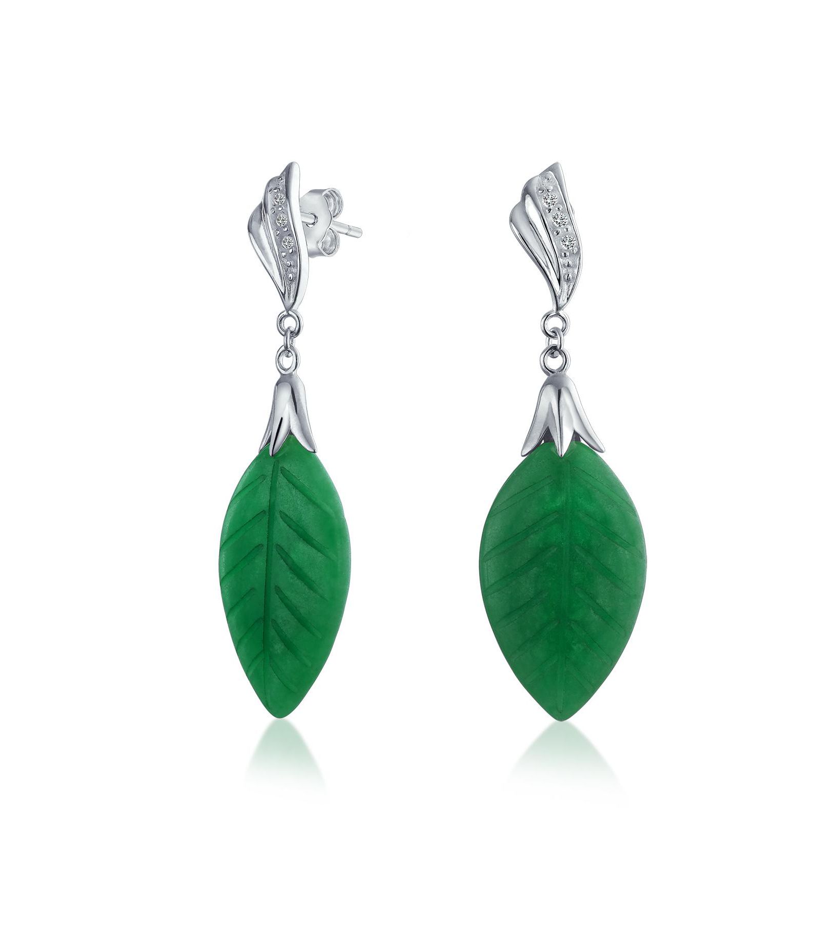 Bling Jewelry Elegant Carved Green Jade Leaf Dangle Earrings Sterling Silver CZ Accent