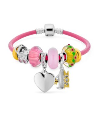 Bling Jewelry Mom #1 Heart European Bead Charm Bracelet Sterling Silver Pink Leather 7"