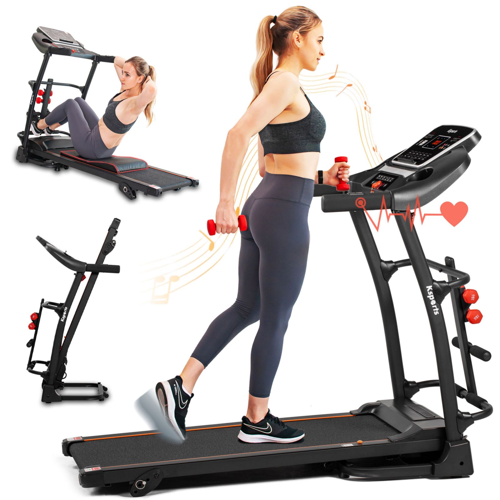 Ksports 16 Inch Wide Foldable Home Treadmill w/ Bluetooth and Fitness Tracking App
