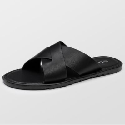 Alpine Swiss Men's Hugo Faux Leather Slide Sandals Indoor Outdoor Anti-Slip Shoe Cross Strap Design Flip Flops