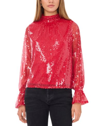 1.STATE Women's Sequin Draped-Back Mock-Neck Top