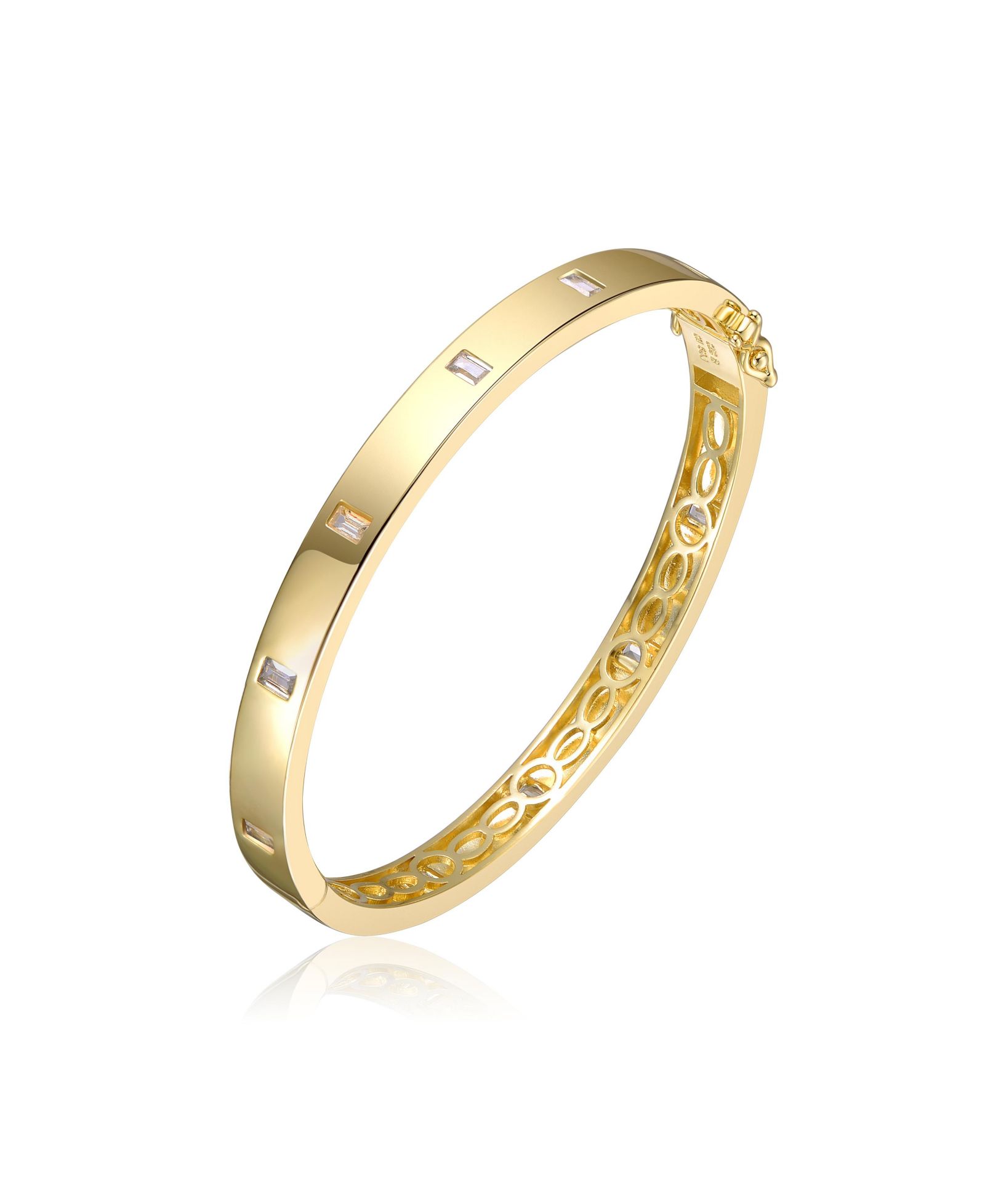Genevive Sterling Silver 14K Gold Plated Baguette-cut CZ Bangle Bracelet