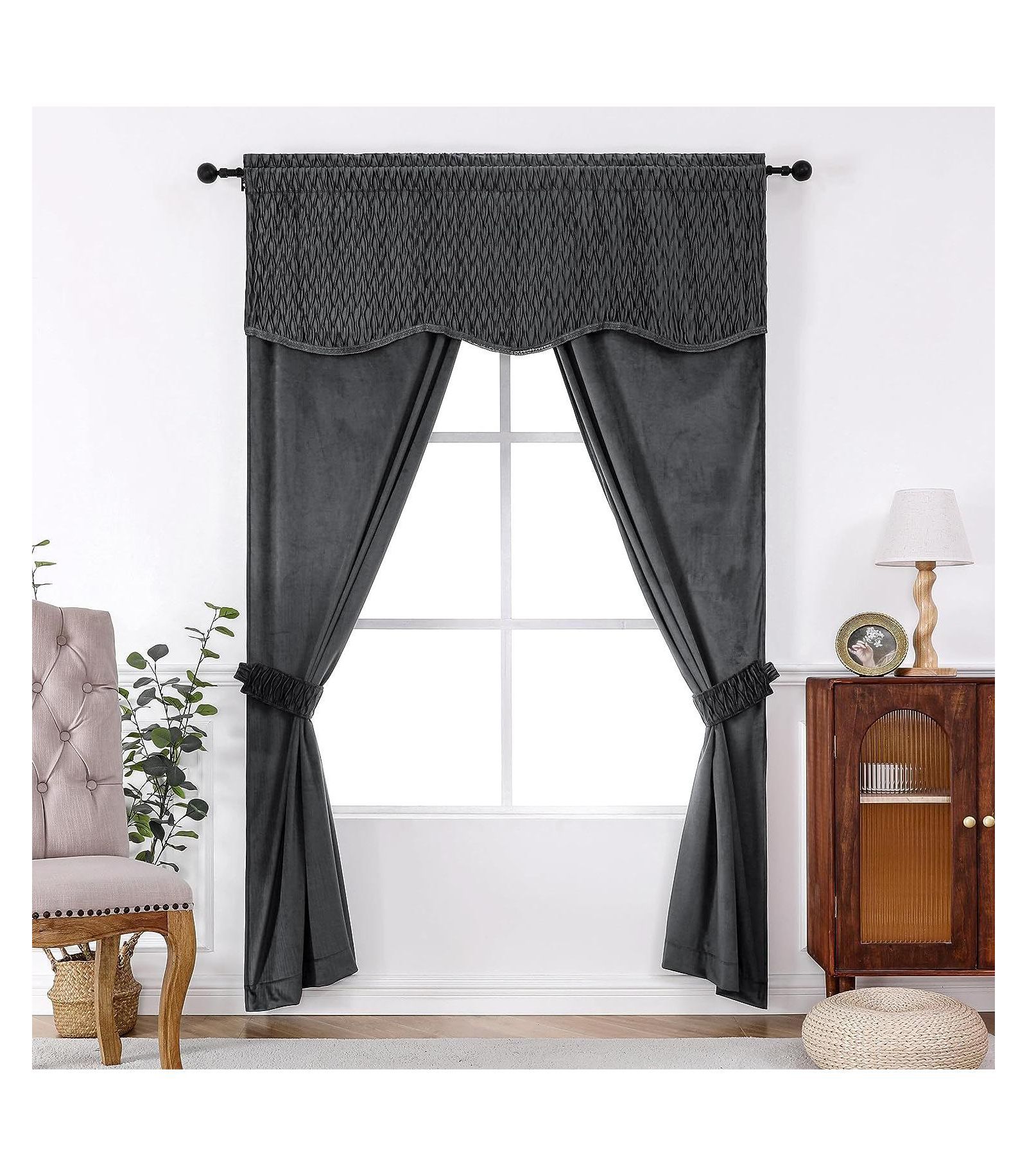 Kate Aurora Christmas Essentials Light Filtering Complete Attached Velvet Window Curtains & Valance Set