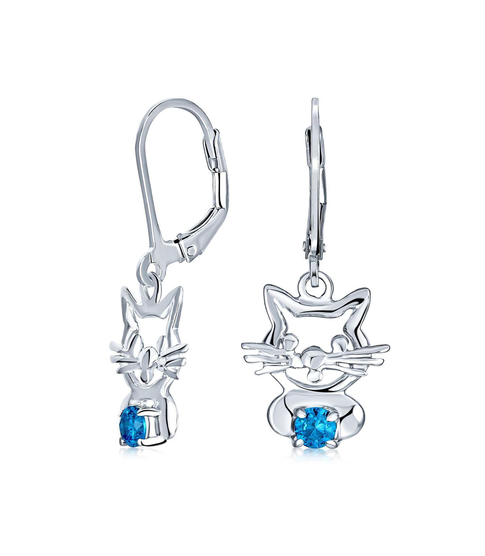 Bling Jewelry Small Kitty Light Pink CZ Accent Dangle Cat Earrings .925 Sterling Silver