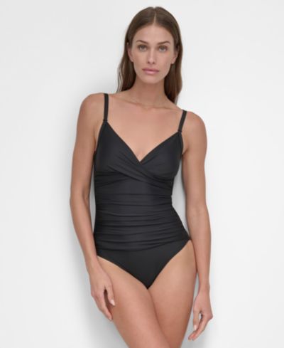 Женский слитный купальник DKNY Women's Crossover Tummy Control Ruched One-Piece Swimsuit