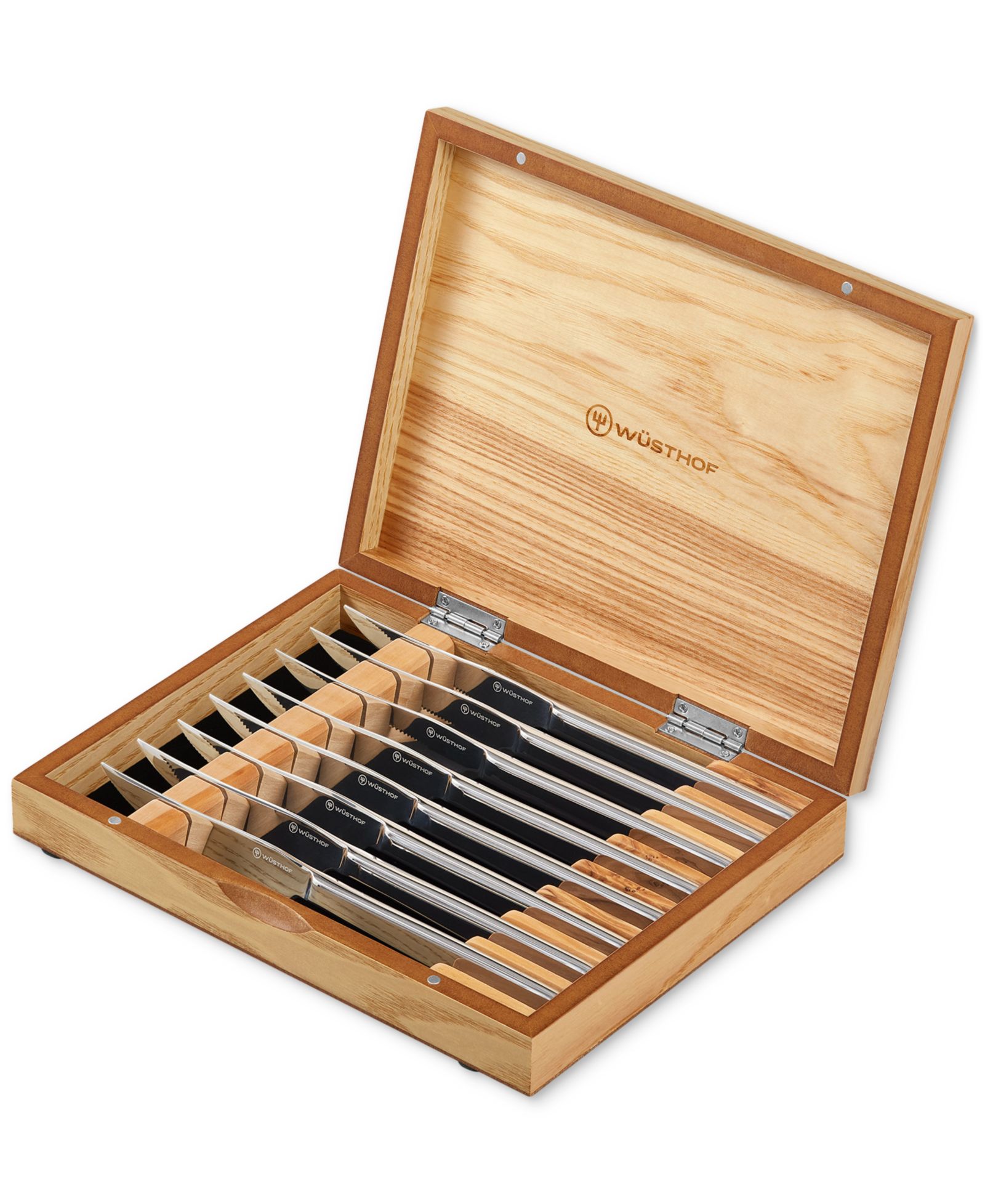 Wüsthof 8-Piece Stainless Steak Knife Set в Olivewood Chest