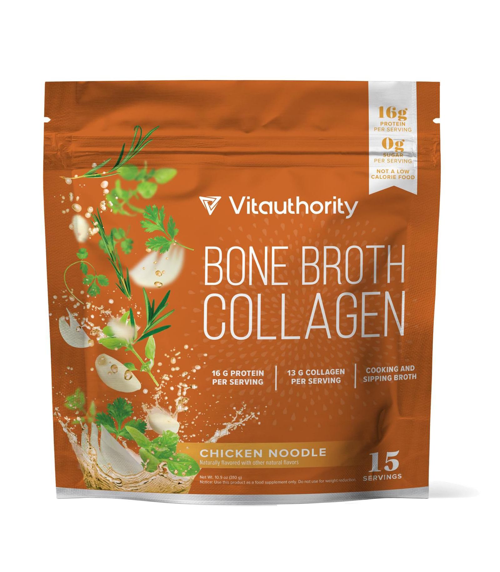 Коллаген Vitauthority Chicken Noodle Bone Broth, Protein & Collagen (Types I, II, III) для кожи, волос, ногтей, суставов и кишечника, 310gm