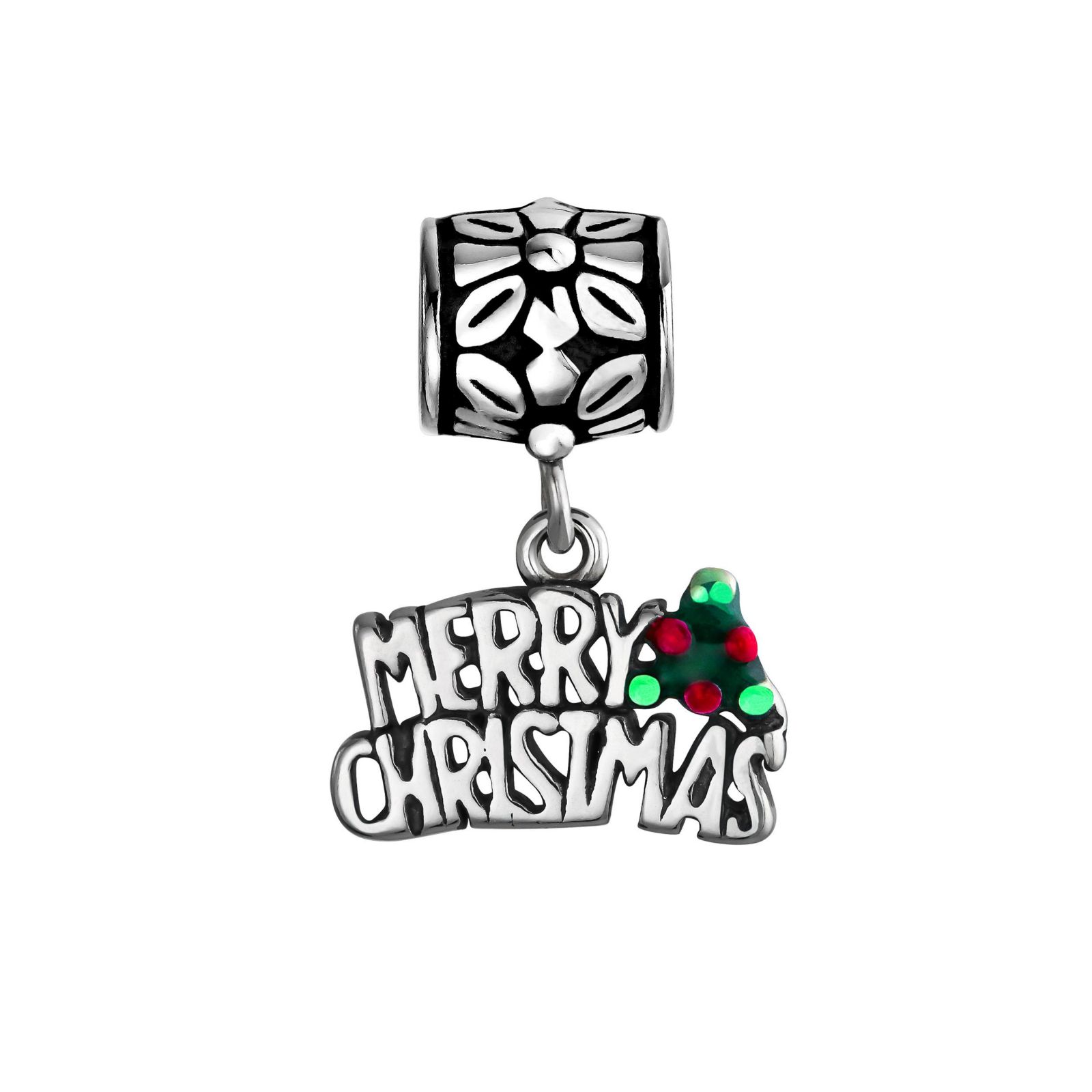 Bling Jewelry .925 Sterling Silver Green Mistletoe Holly Red Berry Word Sign Merry Christmas Dangling Charm Bead