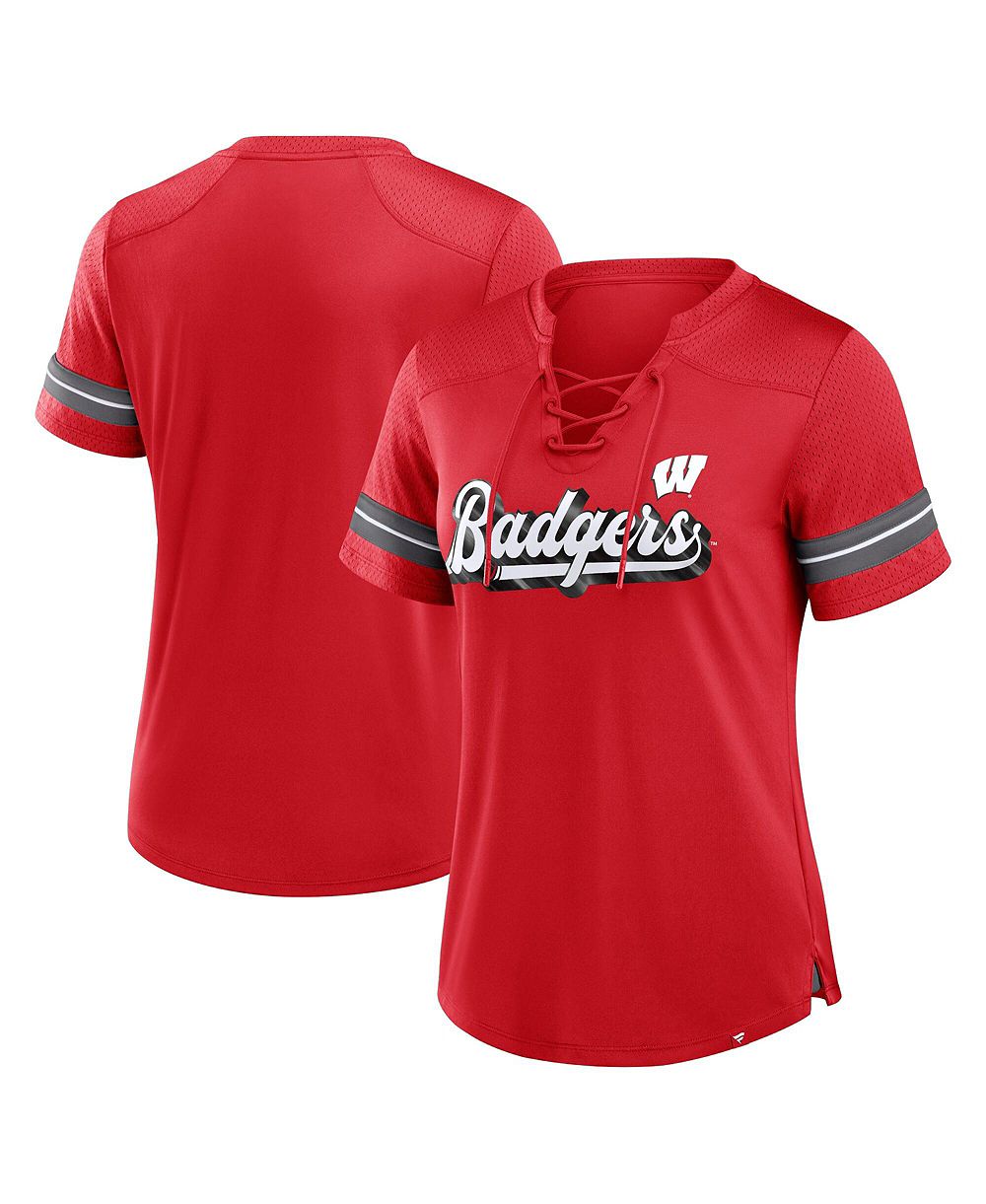 Женская футболка Fanatics Red Wisconsin Badgers Fundamental Overtime Readiness Athena Lace-Up V-Neck
