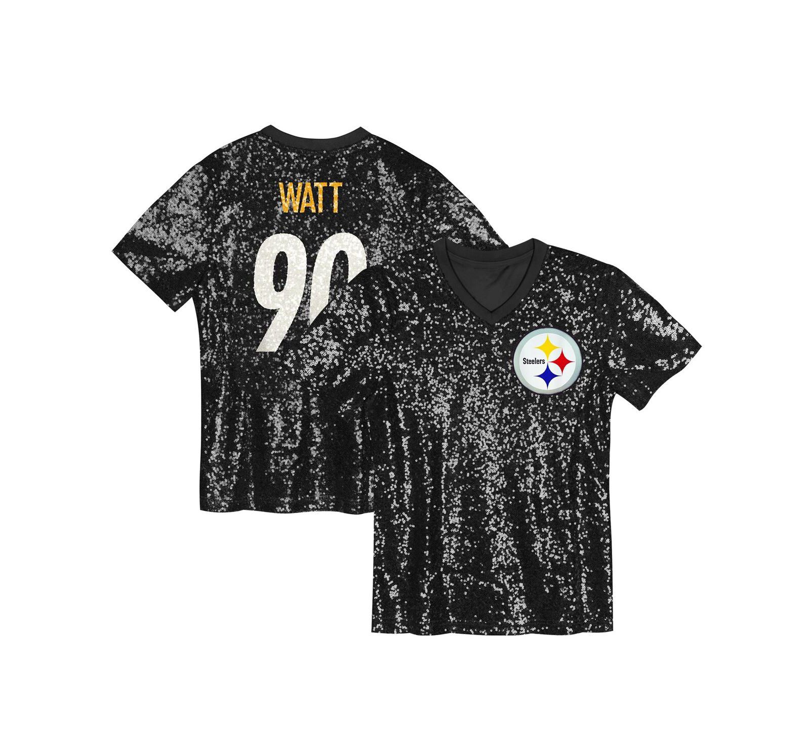 Джерси Outerstuff Big Girls T.J. Watt Black Pittsburgh Steelers Sequin V-Neck