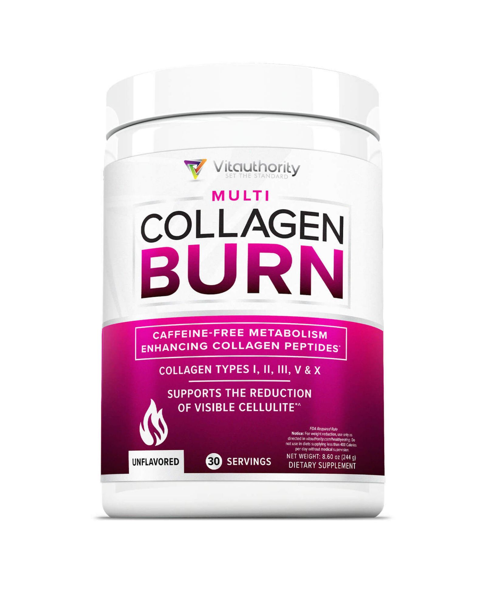 Vitauthority Multi Collagen Burn Powder, гидролизованный коллаген с типами I II III V X для поддержки снижения веса, без вкуса, 30 порций