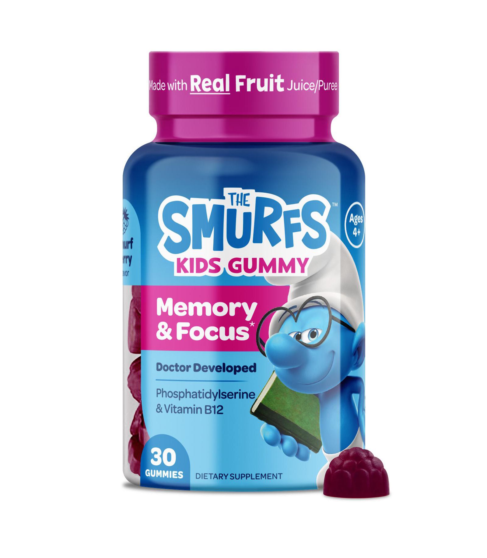 Vitaburst Smurfs Memory and Focus Gummies, Phosphatidylserine and Vitamin B12, Smurfs Berry Flavored, 30ct