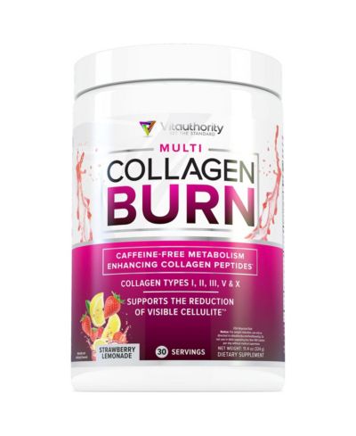 Vitauthority Multi Collagen Burn гидролизованный коллаген в порошке с типами I II III V X, для снижения веса, Клубнично-лимонный, Vitauthority, 30 порций