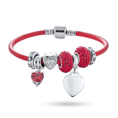 Bling Jewelry Romantic Heart Bead Charm Bracelet Red Leather Sterling Silver Clasp 7"