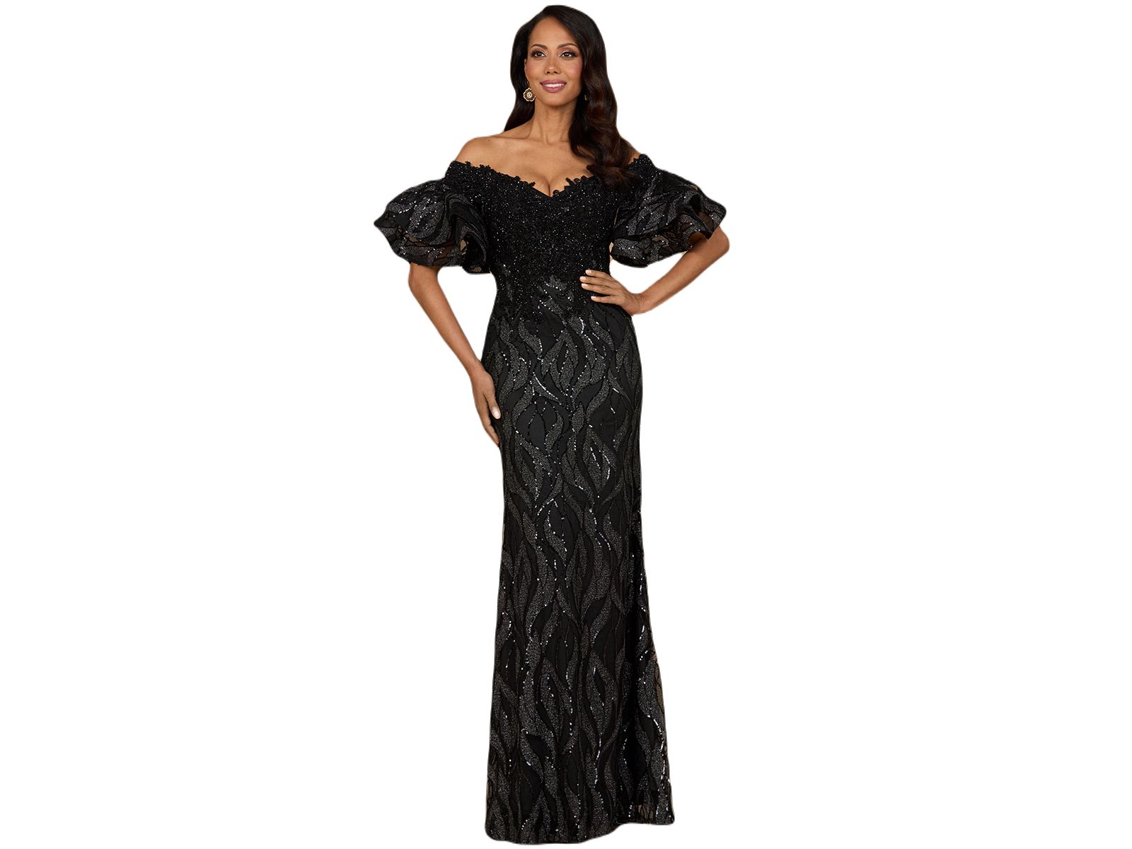 Женское вечернее платье Lara Off Shoulder Mermaid Beaded с многослойными рукавами