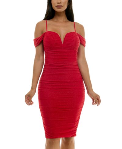 City Studios Juniors' Cold-Shoulder Glitter-Mesh Ruched Dress