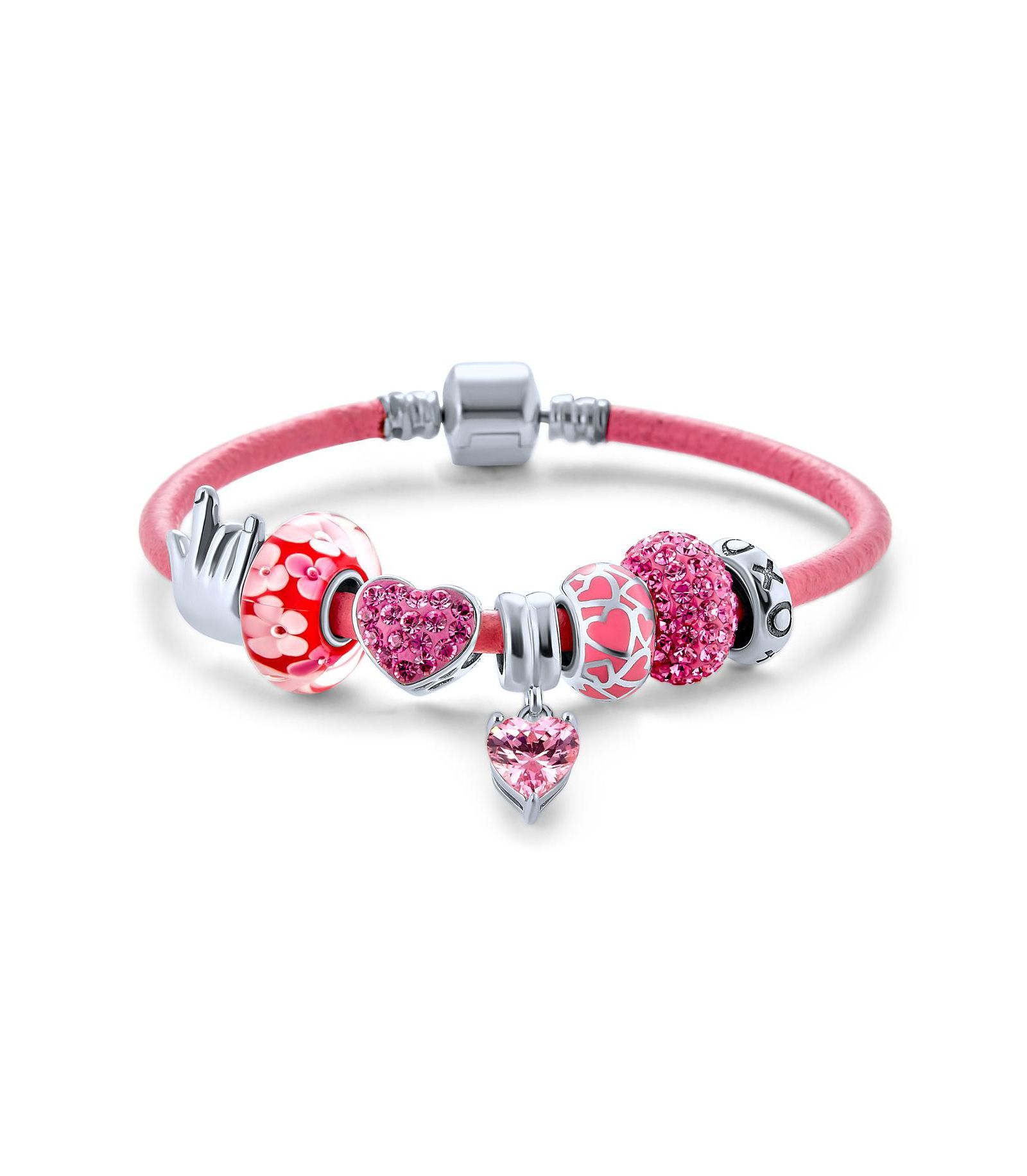 Bling Jewelry браслет Princess Charm из серебра 925 пробы с подвеской I Love You Heart Hand Sign Pink Leather 8 Inch