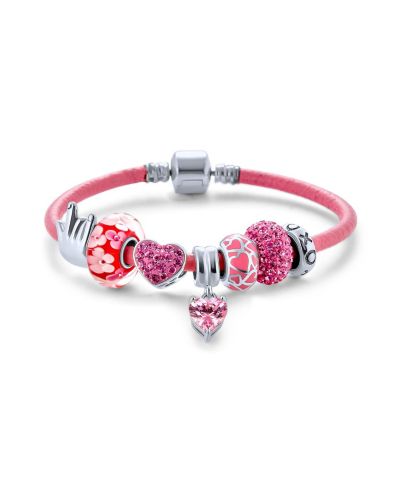 Bling Jewelry I LOVE YOU Sign Heart Bead Charm Bracelet Pink Leather Sterling Silver 8"