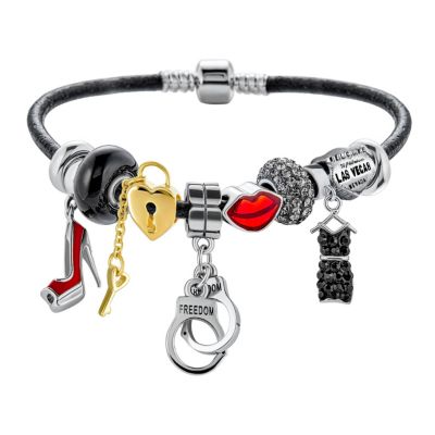 Bling Jewelry Handcuff Partners Love Bead Charm Bracelet Sterling Silver Leather 7.5"