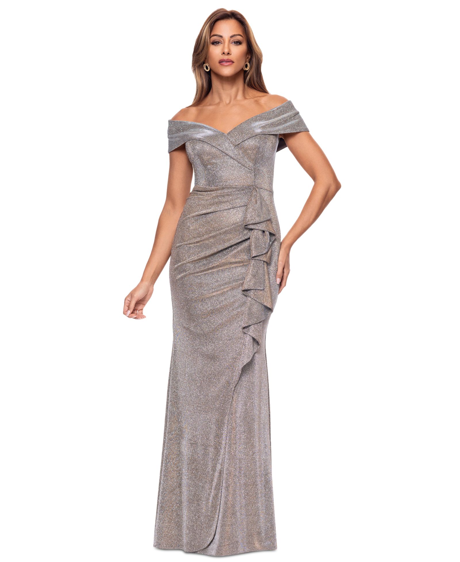 XSCAPE Women's Off-The-Shoulder Ruffled Glitter Gown