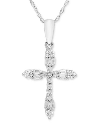 Подвеска кулон Diamond Round & Baguette Cross 18" (1/4 ct. t.w.) в белом золоте 14k