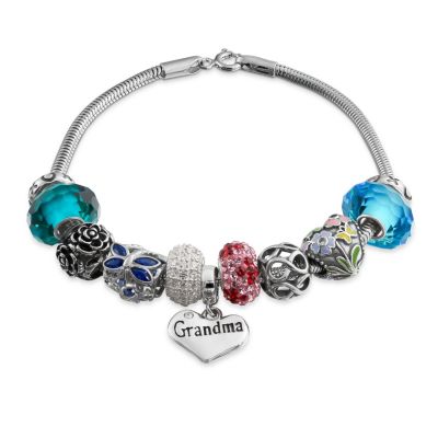 Bling Jewelry Grandma Heart European Bead Charm Bracelet Sterling Silver Snake Chain 7"