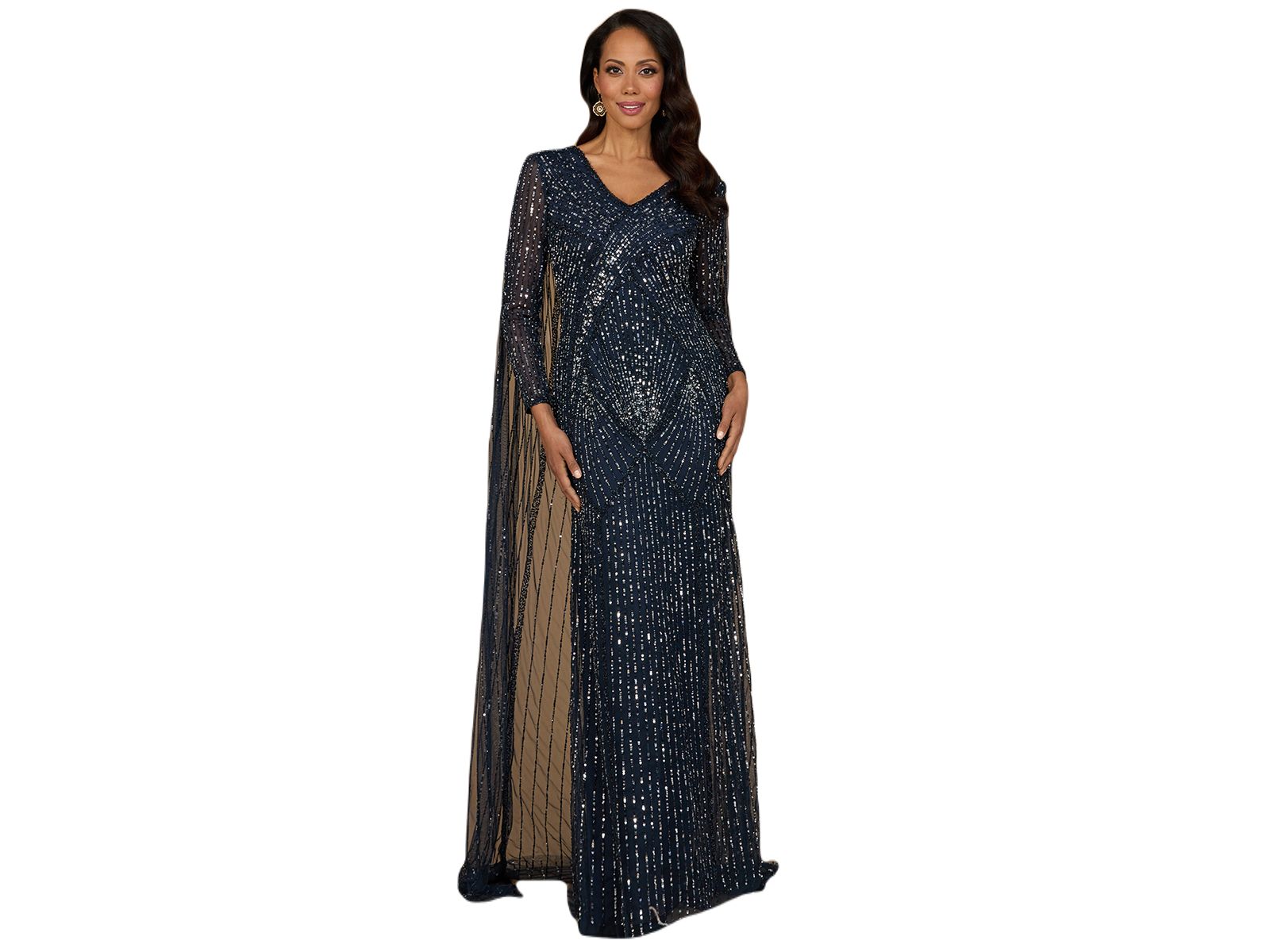 Lara Women's Long Sleeve Beaded Gown with Cape