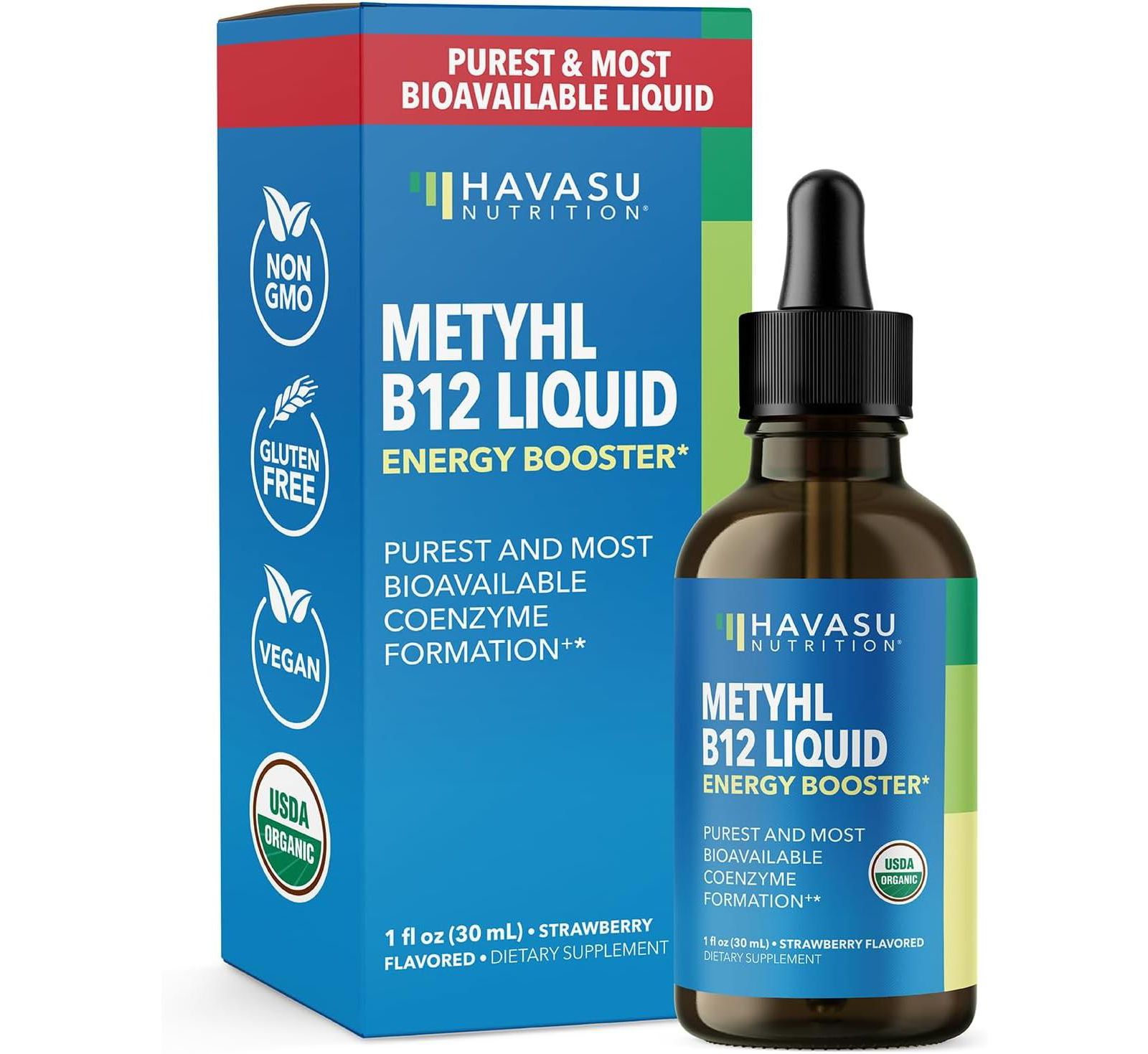 Methyl B12 Energy Booster Liquid Drops, Vitamin Energy Boost, B12 Bioavailable Form for B12 Pathway, Strawberry Flavored, Havasu Nutrition, 1 fl oz